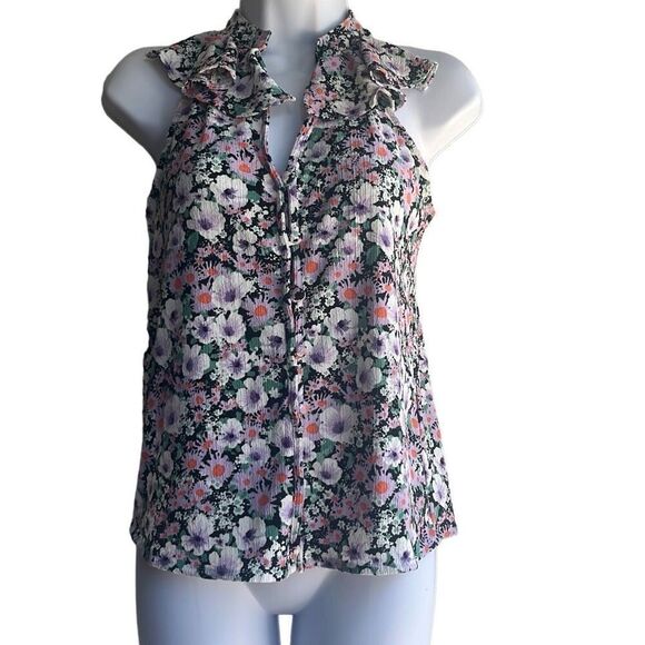 Anthropologie XS Purple Black Floral Print Ruffle V Neck Blouse Top Boho Cottage - Picture 1 of 9